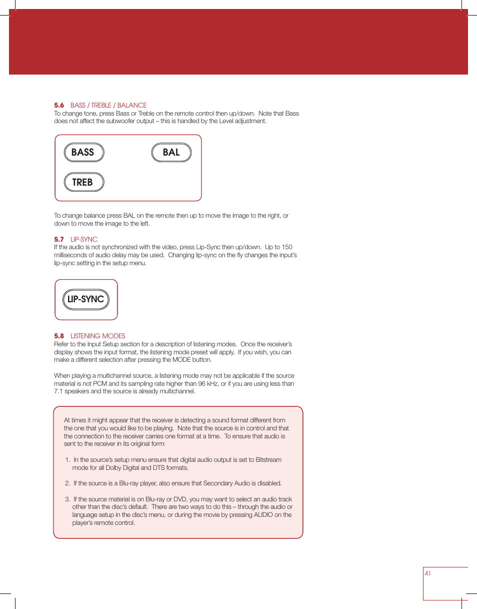 Bass treb bal, Lip-sync | Anthem MRX 710 User Manual | Page 50 / 60