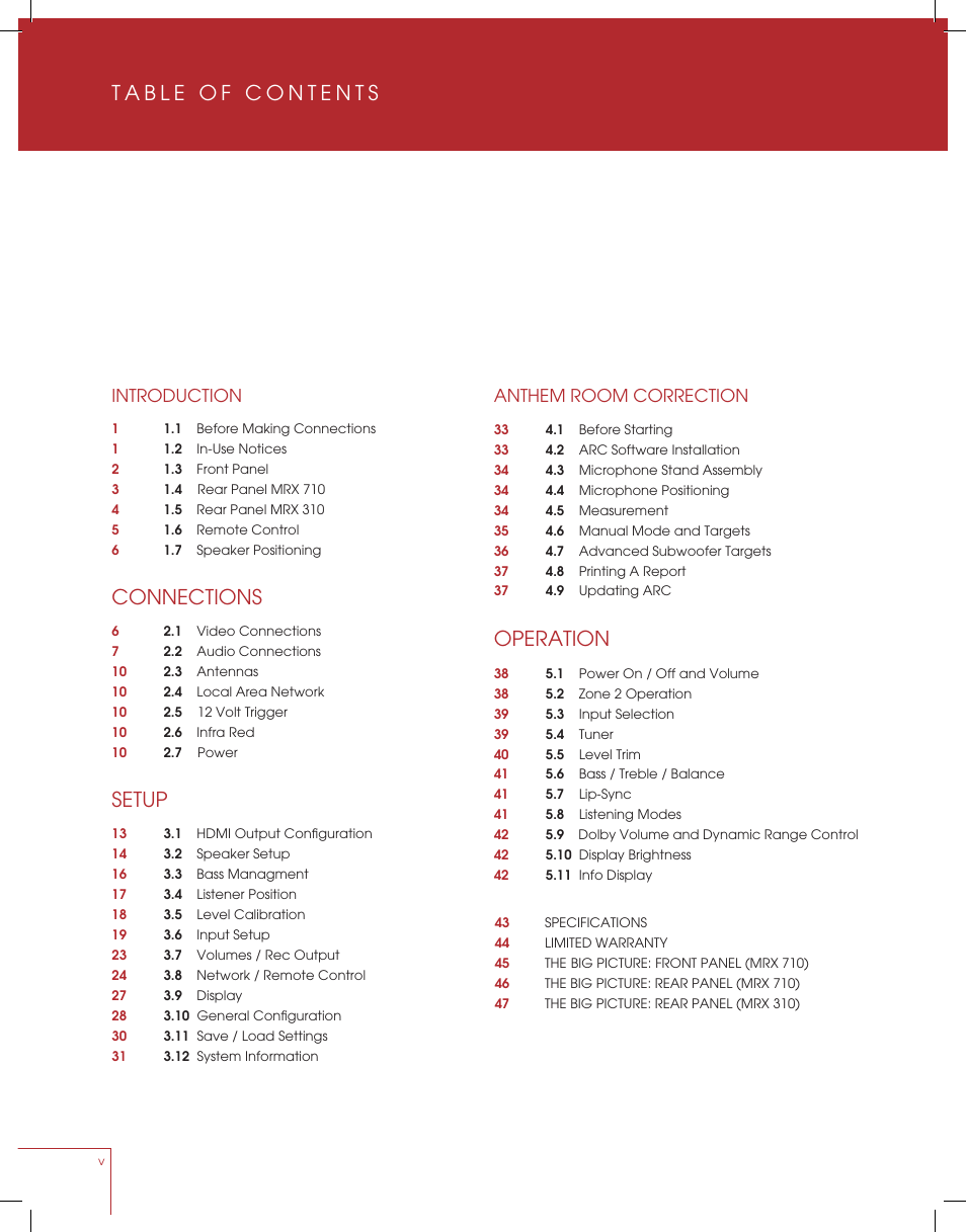 Connections, Setup, Operation | Introduction, Anthem room correction | Anthem MRX 710 User Manual | Page 9 / 60