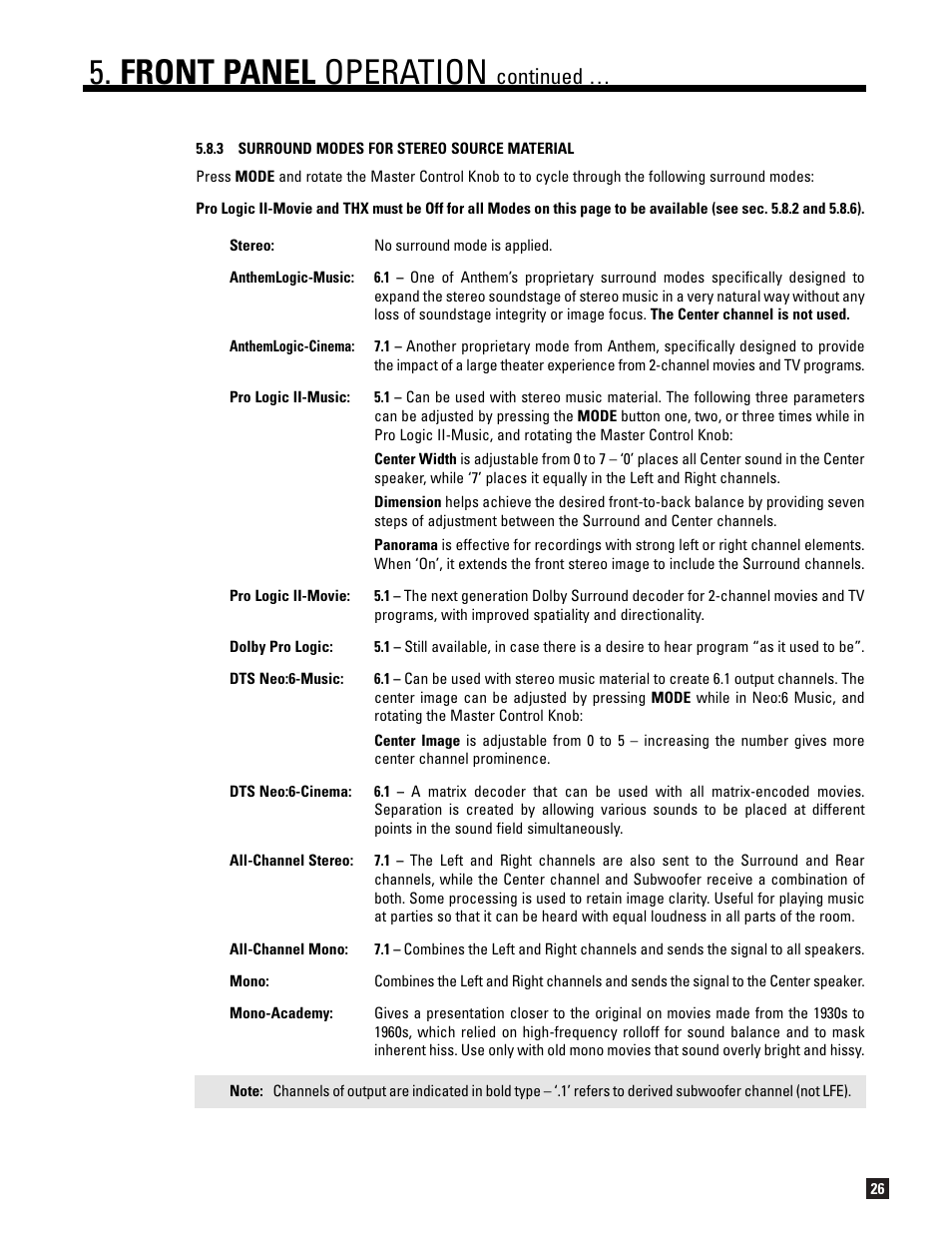 3 surround modes for stereo source material, Front panel operation, Continued | Anthem AVM 20 v2 User Manual | Page 33 / 84