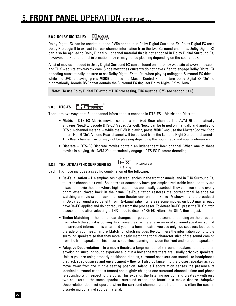 Front panel operation, Continued | Anthem AVM 20 v2 User Manual | Page 34 / 84