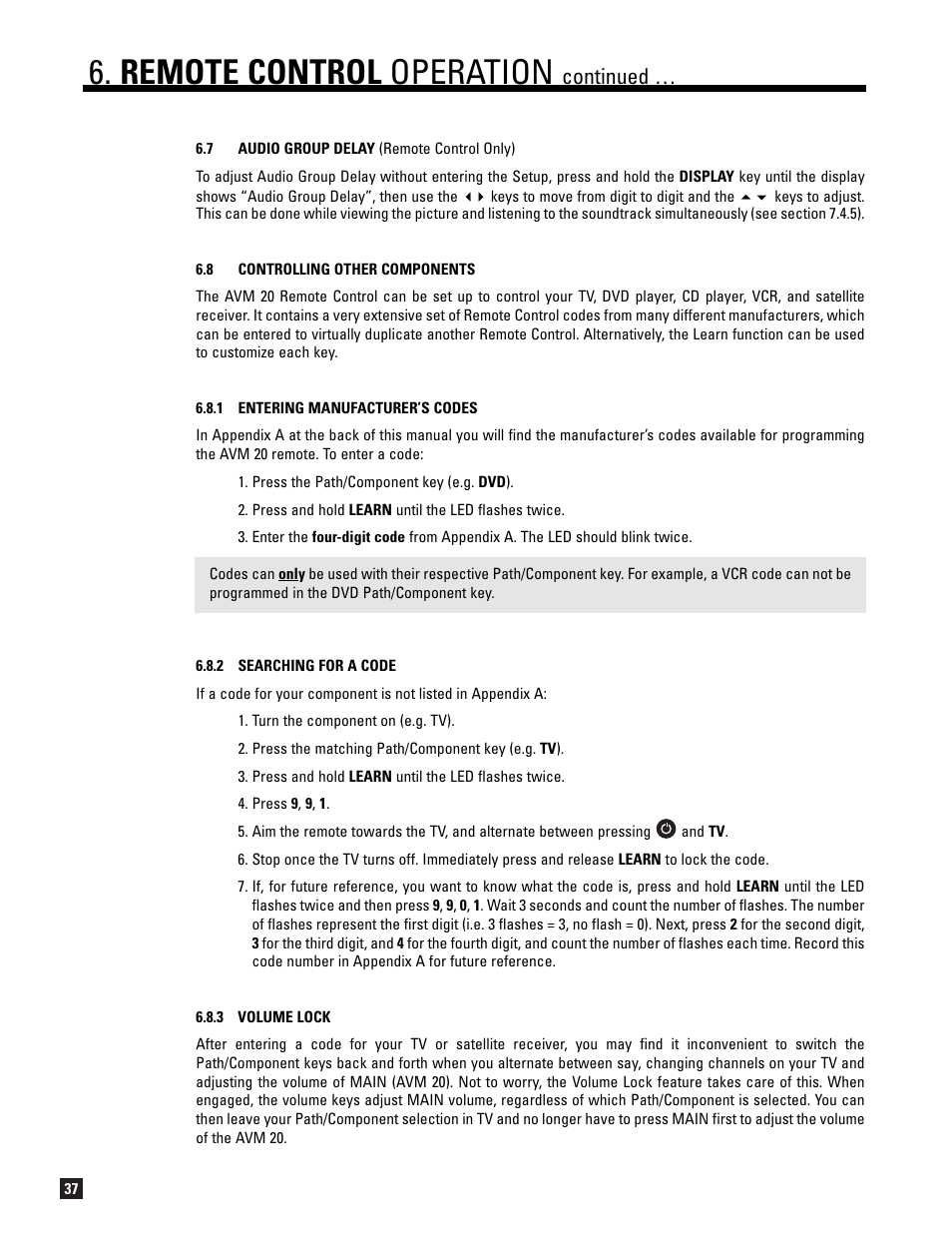 Remote control operation, Continued | Anthem AVM 20 v2 User Manual | Page 44 / 84