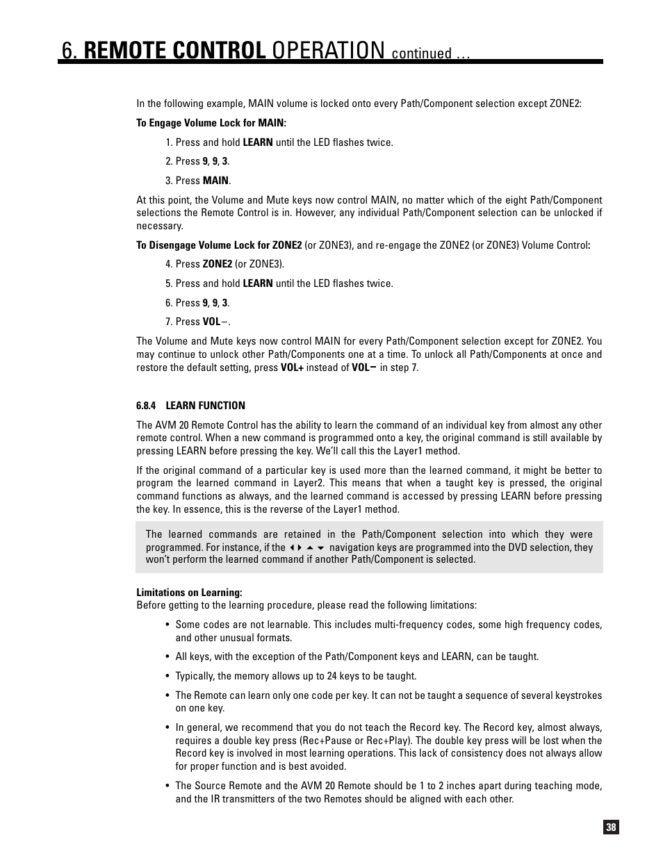 Remote control operation, Continued | Anthem AVM 20 v2 User Manual | Page 45 / 84