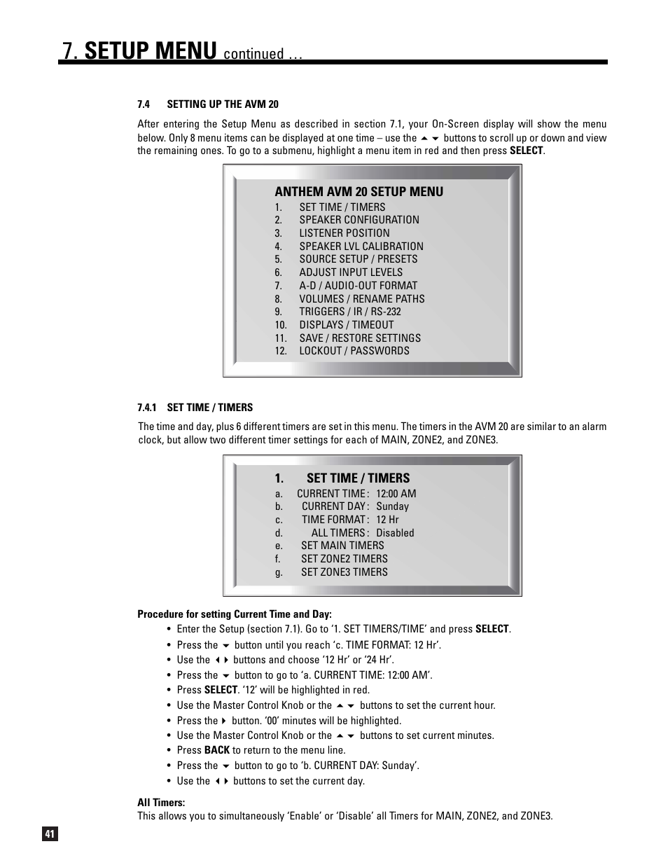 1 set time / timers, Setup menu, Continued | Anthem AVM 20 v2 User Manual | Page 48 / 84