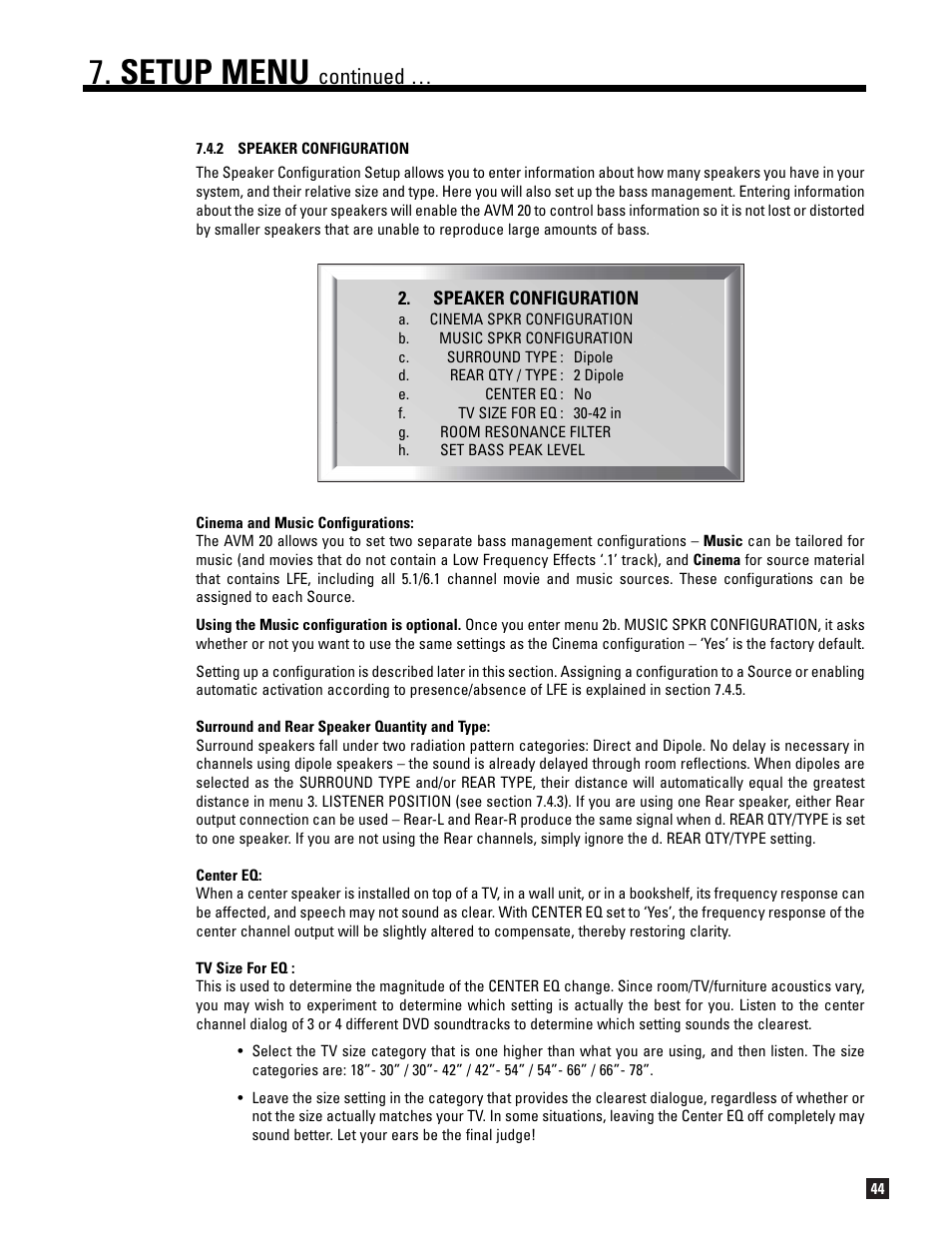 2 speaker configuration, Setup menu, Continued | Anthem AVM 20 v2 User Manual | Page 51 / 84