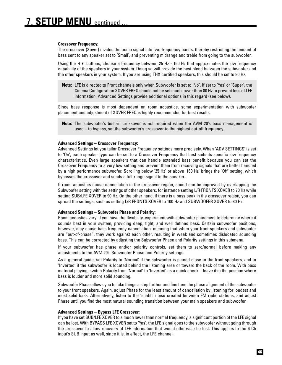 Setup menu, Continued | Anthem AVM 20 v2 User Manual | Page 53 / 84