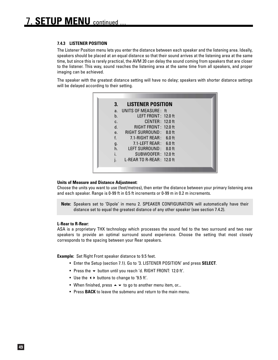 3 listener position, Setup menu, Continued | Anthem AVM 20 v2 User Manual | Page 56 / 84