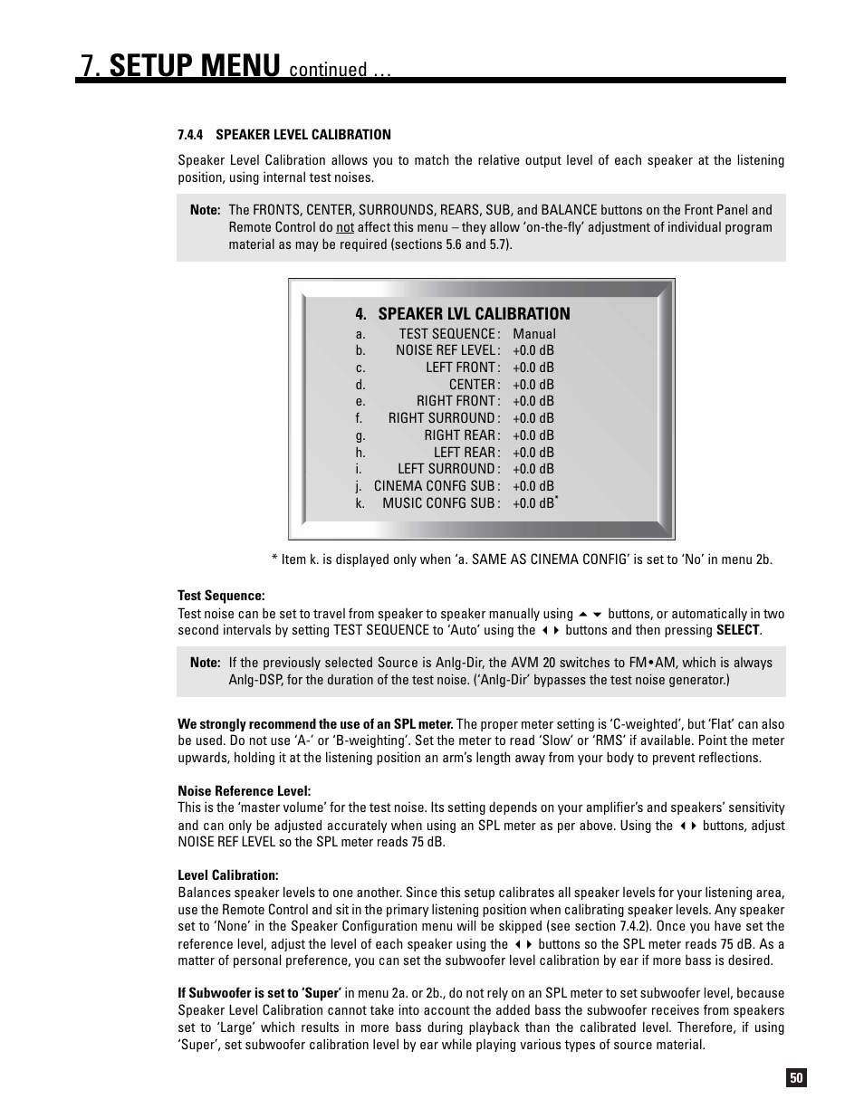 4 speaker level calibration, Setup menu, Continued | Anthem AVM 20 v2 User Manual | Page 57 / 84