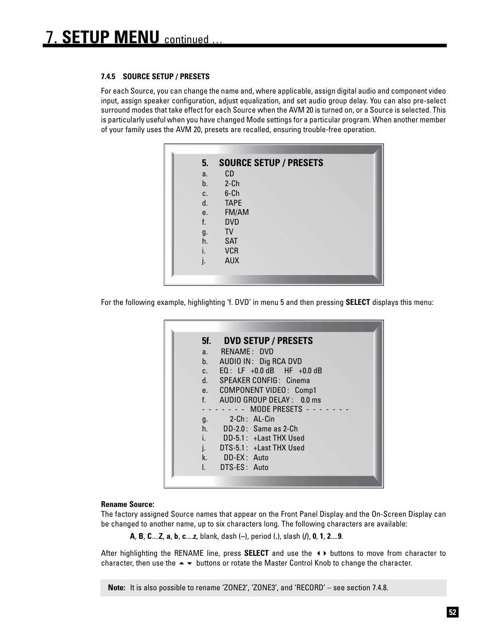 5 source setup / presets, Setup menu, Continued | Anthem AVM 20 v2 User Manual | Page 59 / 84