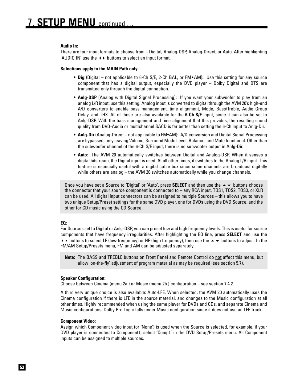 Setup menu, Continued | Anthem AVM 20 v2 User Manual | Page 60 / 84