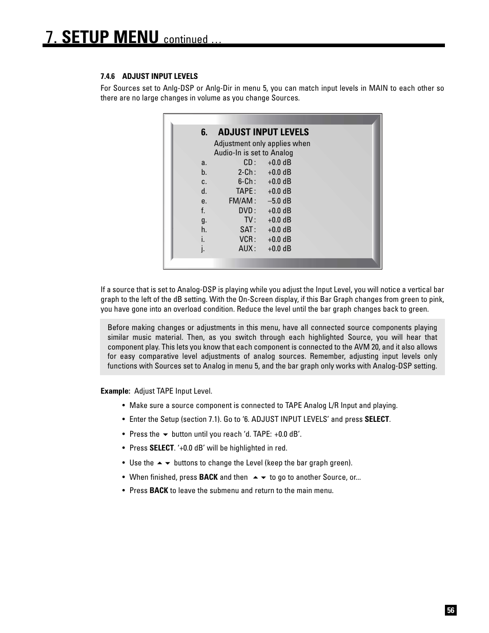 6 adjust input levels, Setup menu, Continued | Anthem AVM 20 v2 User Manual | Page 63 / 84