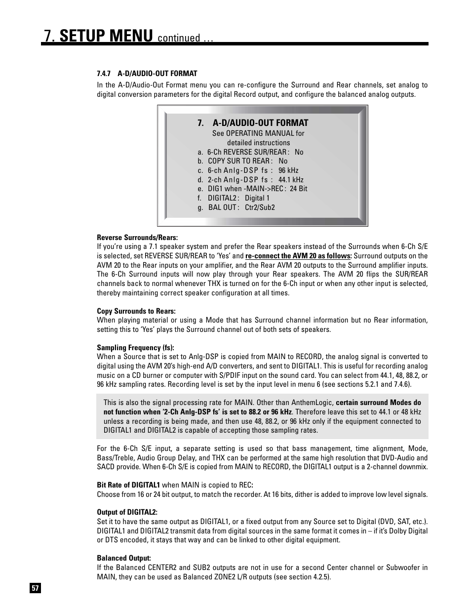 7 a-d / audio-out format, Setup menu, Continued | Anthem AVM 20 v2 User Manual | Page 64 / 84