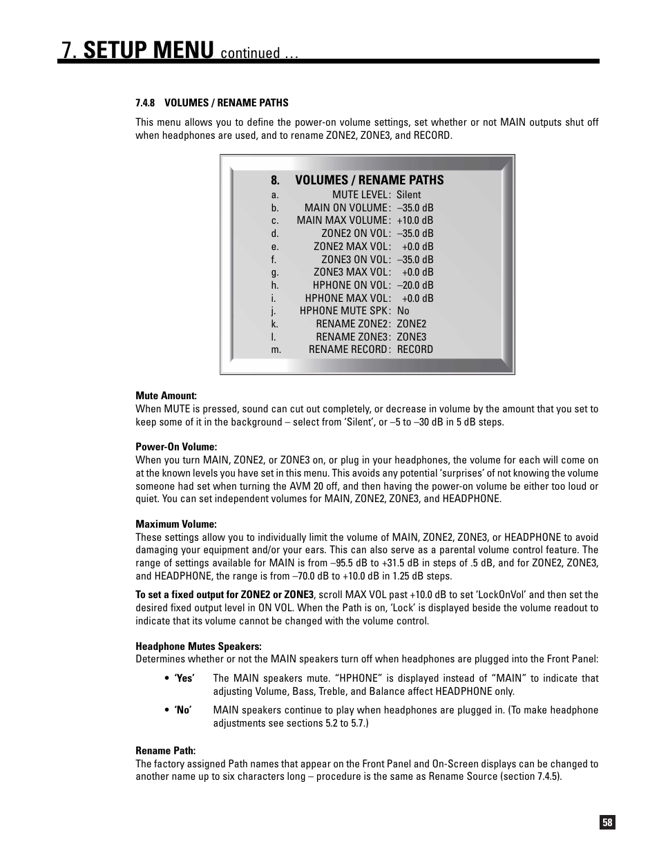 8 volumes / rename paths, Setup menu, Continued | Anthem AVM 20 v2 User Manual | Page 65 / 84