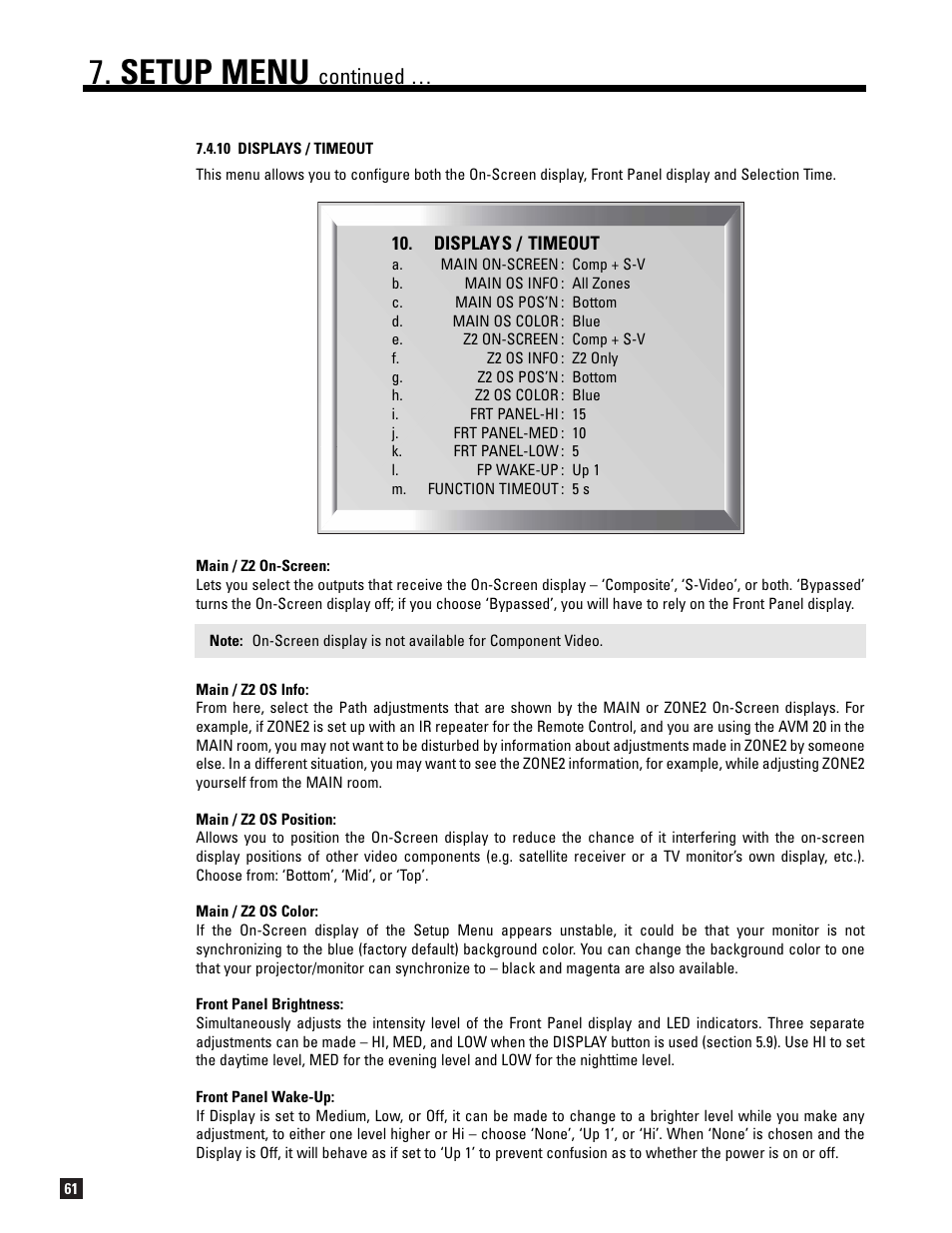 10 displays / timeout, Setup menu, Continued | Anthem AVM 20 v2 User Manual | Page 68 / 84