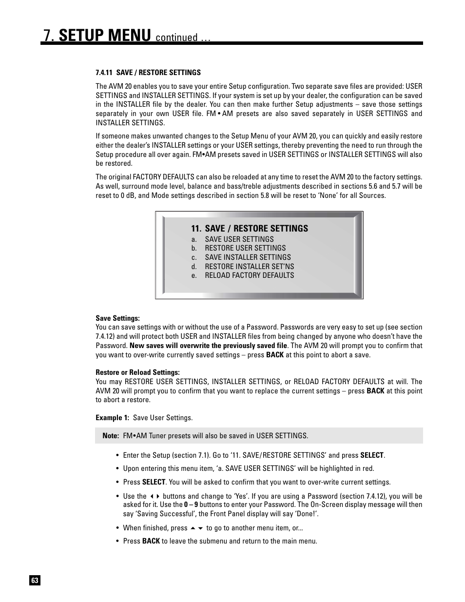 11 save / restore settings, Setup menu, Continued | Anthem AVM 20 v2 User Manual | Page 70 / 84