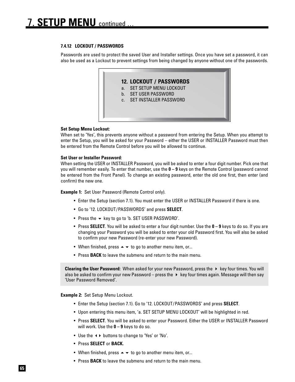 12 lockout / passwords, Setup menu, Continued | Anthem AVM 20 v2 User Manual | Page 72 / 84