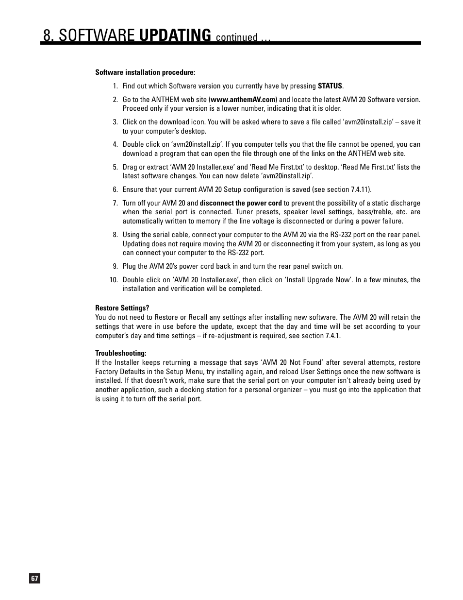 Software updating, Continued | Anthem AVM 20 v2 User Manual | Page 74 / 84