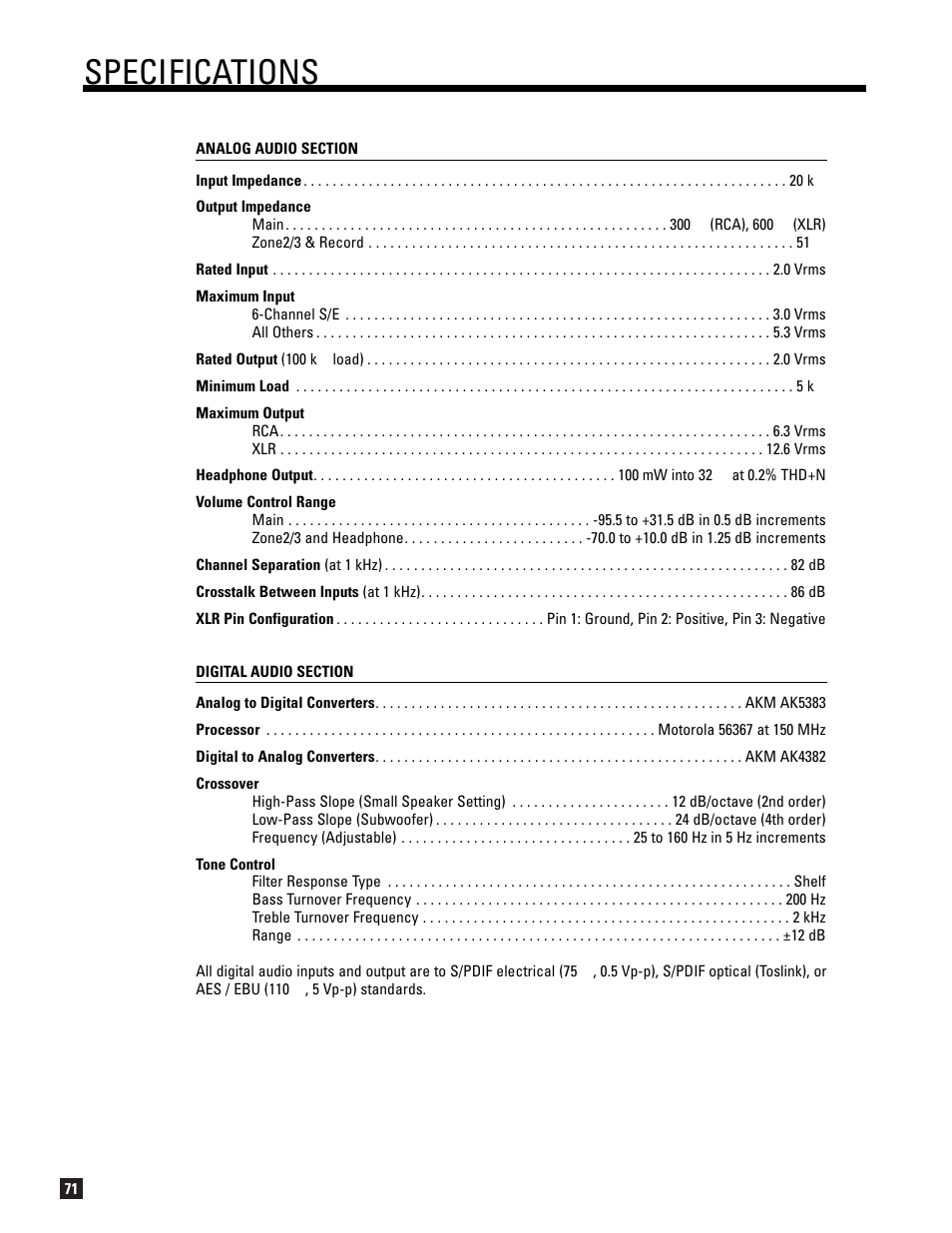 Specifications | Anthem AVM 20 v2 User Manual | Page 78 / 84