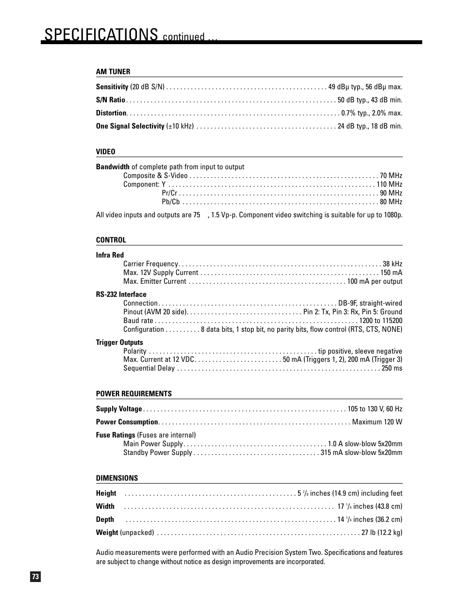 Specifications, Continued | Anthem AVM 20 v2 User Manual | Page 80 / 84