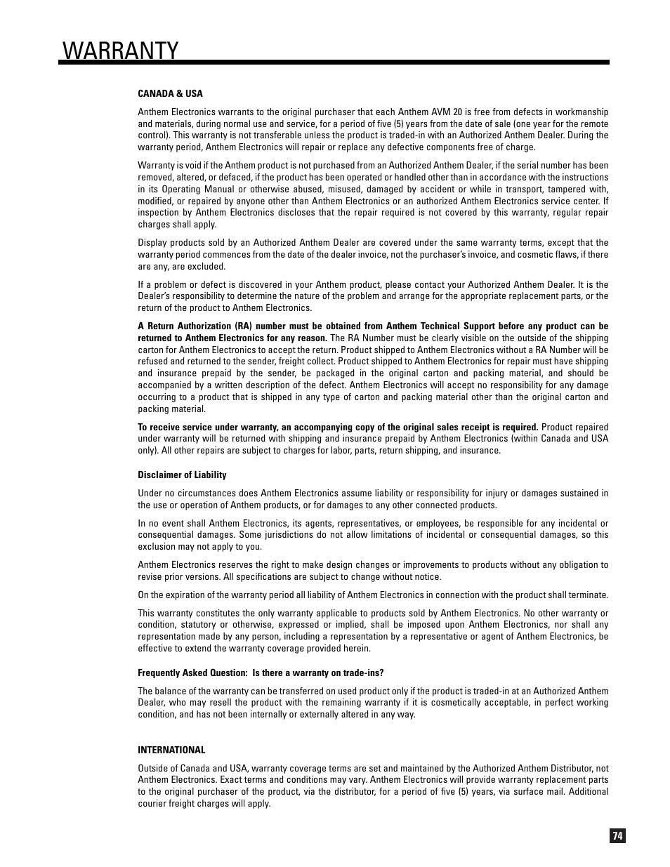 Warranty | Anthem AVM 20 v2 User Manual | Page 81 / 84