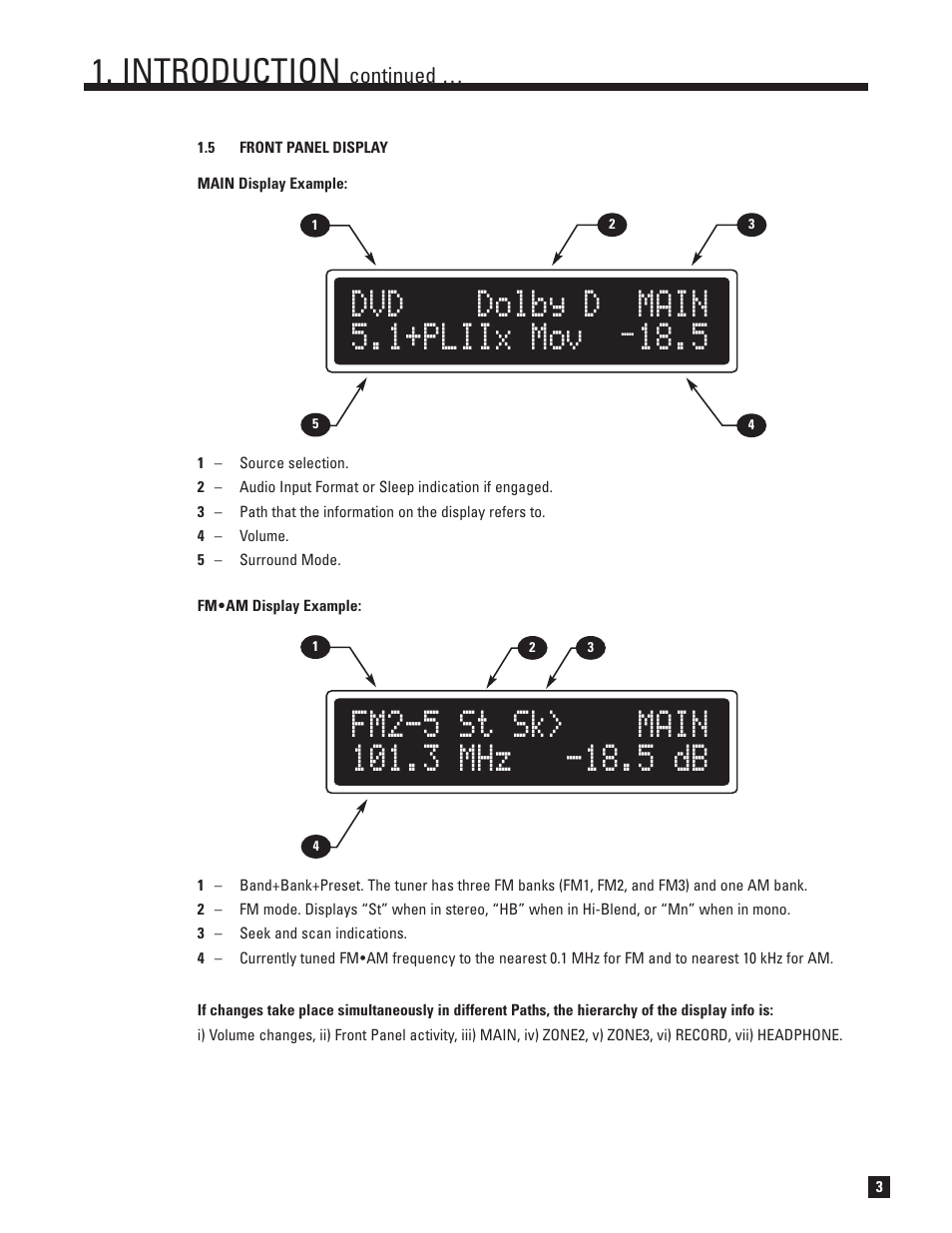 Front panel display, Dvd dolby d main 5.1+pliix mov, Introduction | Anthem AVM 30 User Manual | Page 11 / 84