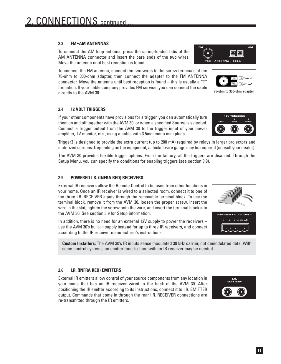 Fm • am antennas, 12 volt triggers, Powered i.r. (infra red) receivers | I.r. (infra red) emitters, Connections, Continued | Anthem AVM 30 User Manual | Page 19 / 84