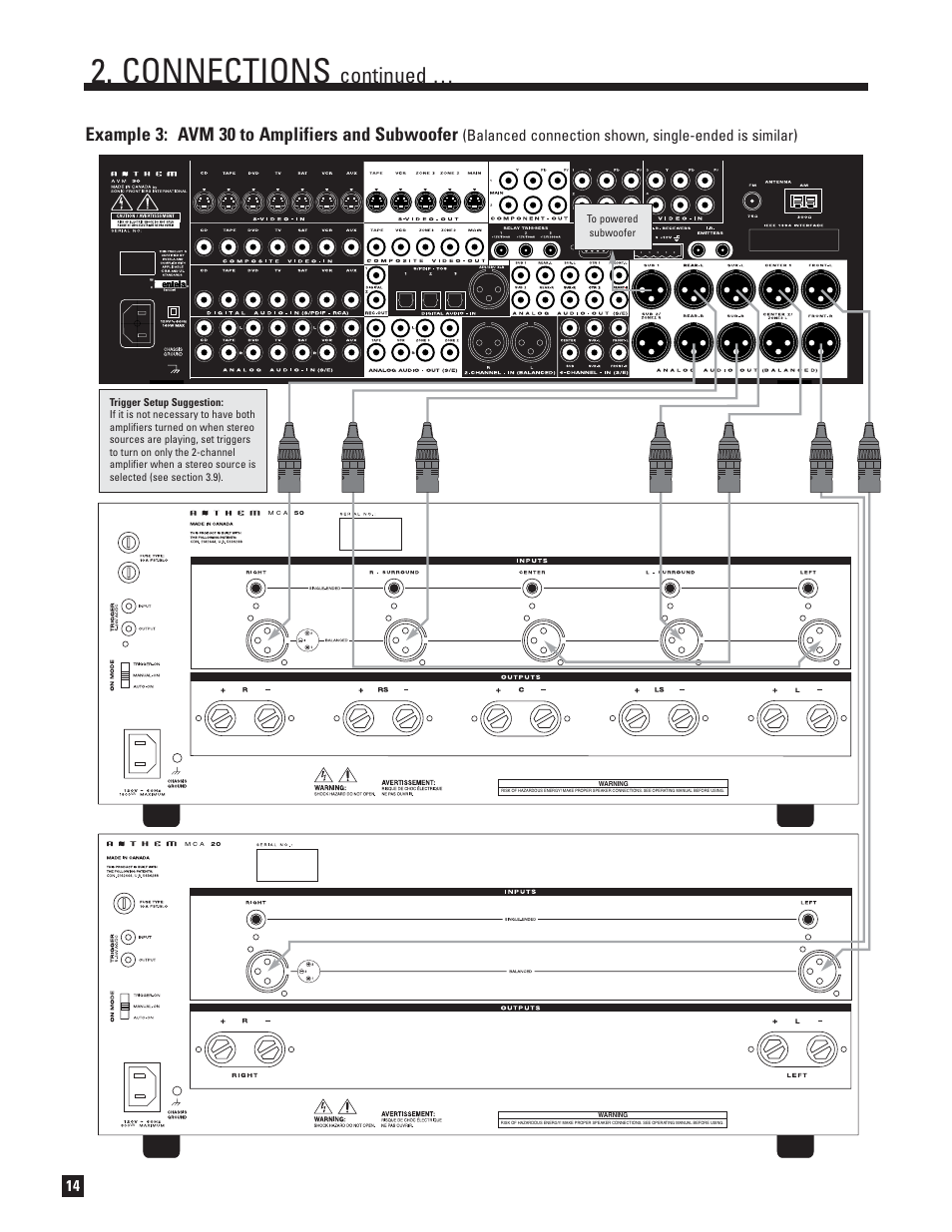 Connections, Continued, Example 3: avm 30 to amplifiers and subwoofer | Anthem AVM 30 User Manual | Page 22 / 84