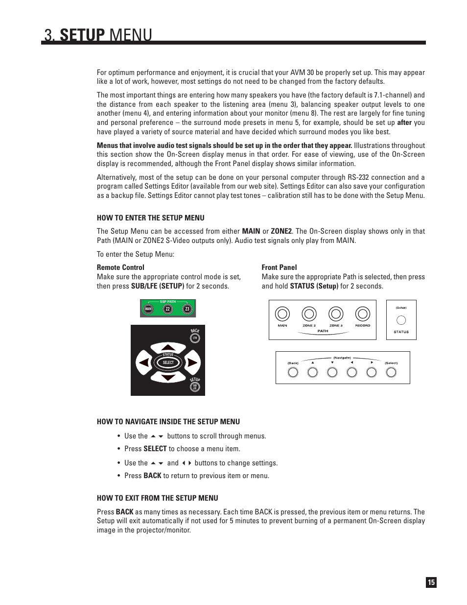 Entering / navigating / exiting, Setup menu | Anthem AVM 30 User Manual | Page 23 / 84