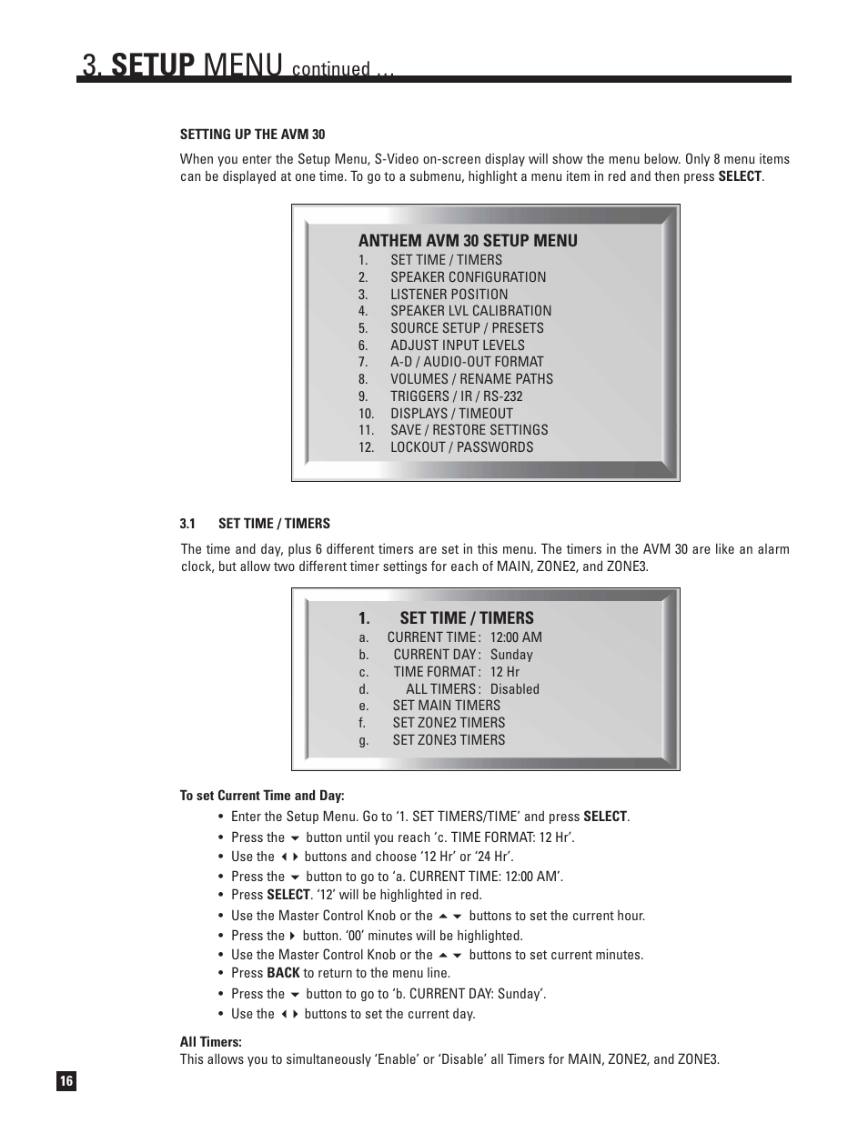 Set time and timers, Setup menu, Continued | Anthem AVM 30 User Manual | Page 24 / 84