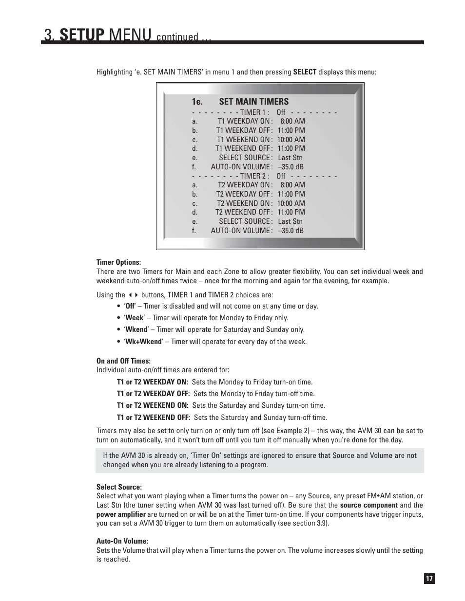 Setup menu, Continued | Anthem AVM 30 User Manual | Page 25 / 84