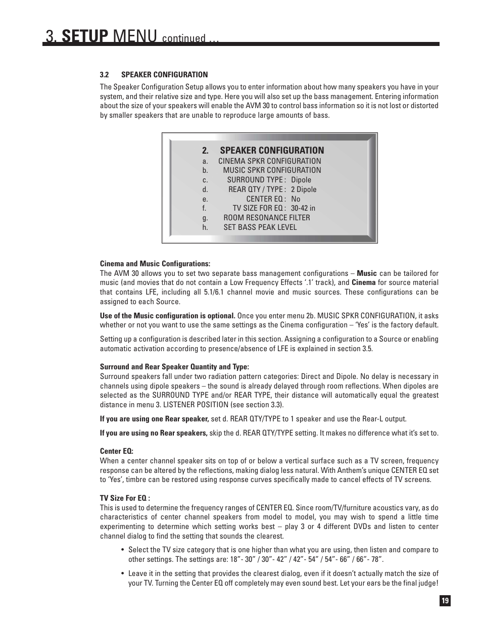 Speaker configuration, Setup menu, Continued | Anthem AVM 30 User Manual | Page 27 / 84