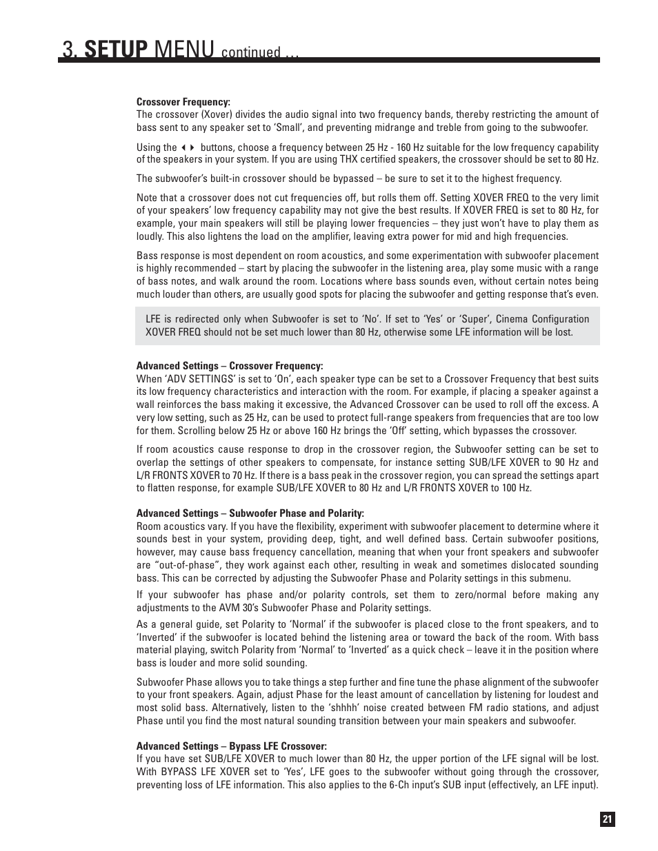 Setup menu, Continued | Anthem AVM 30 User Manual | Page 29 / 84