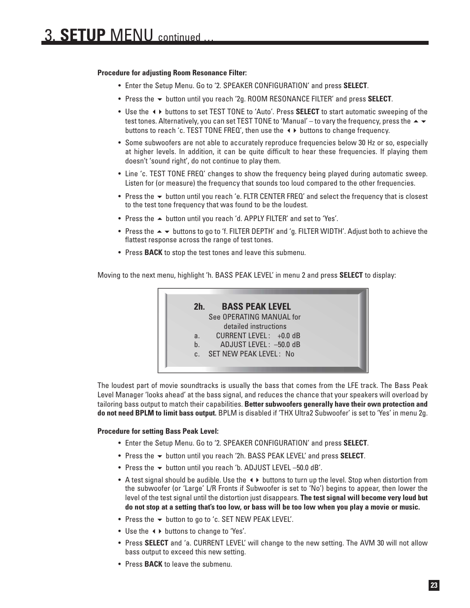 Setup menu, Continued | Anthem AVM 30 User Manual | Page 31 / 84