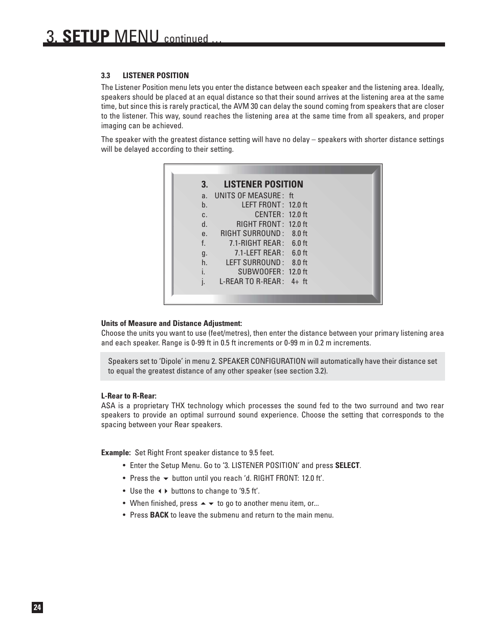 Listener position, Setup menu, Continued | Anthem AVM 30 User Manual | Page 32 / 84