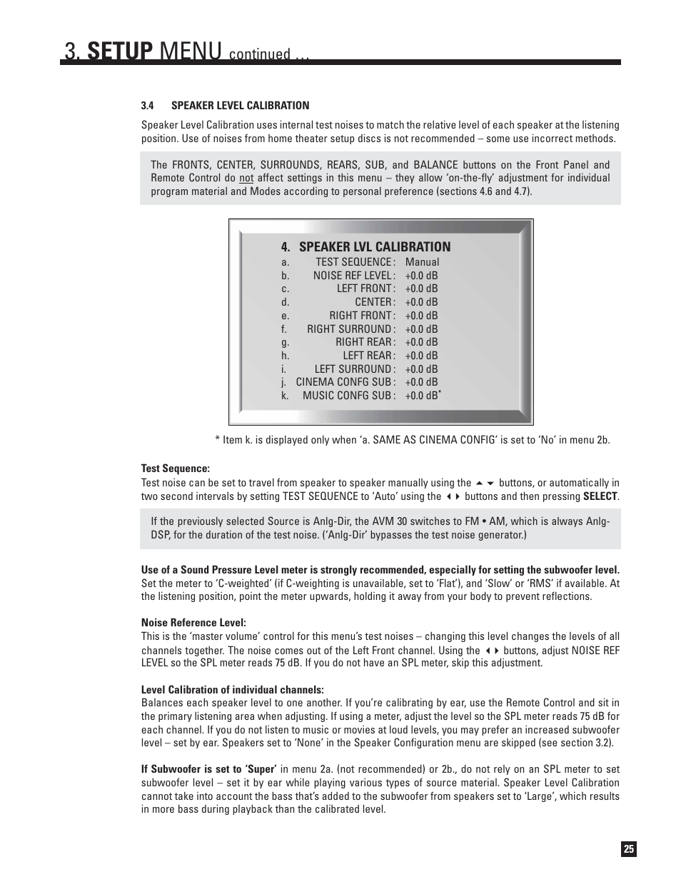 Speaker level calibration, Setup menu, Continued | Anthem AVM 30 User Manual | Page 33 / 84