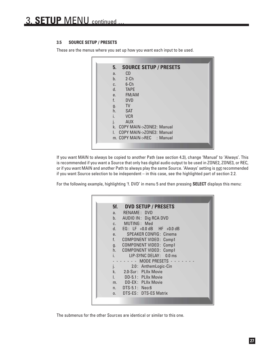 Source setup and presets, Setup menu, Continued | Anthem AVM 30 User Manual | Page 35 / 84