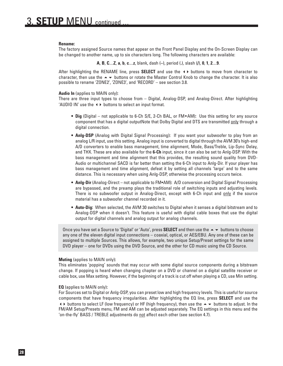 Setup menu, Continued | Anthem AVM 30 User Manual | Page 36 / 84