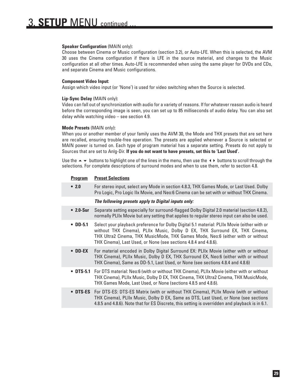 Setup menu, Continued | Anthem AVM 30 User Manual | Page 37 / 84