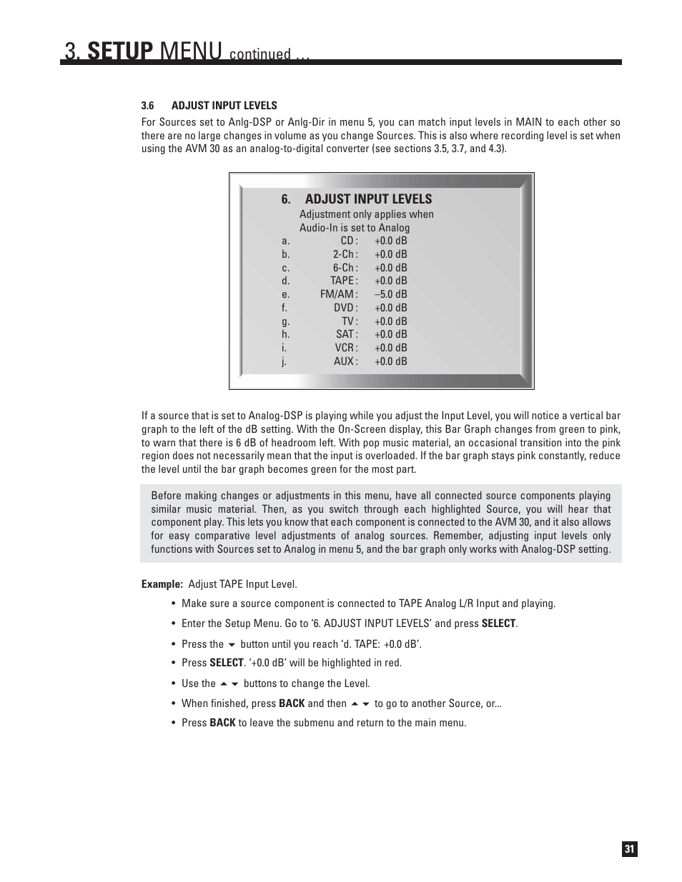Adjust input levels, Setup menu, Continued | Anthem AVM 30 User Manual | Page 39 / 84