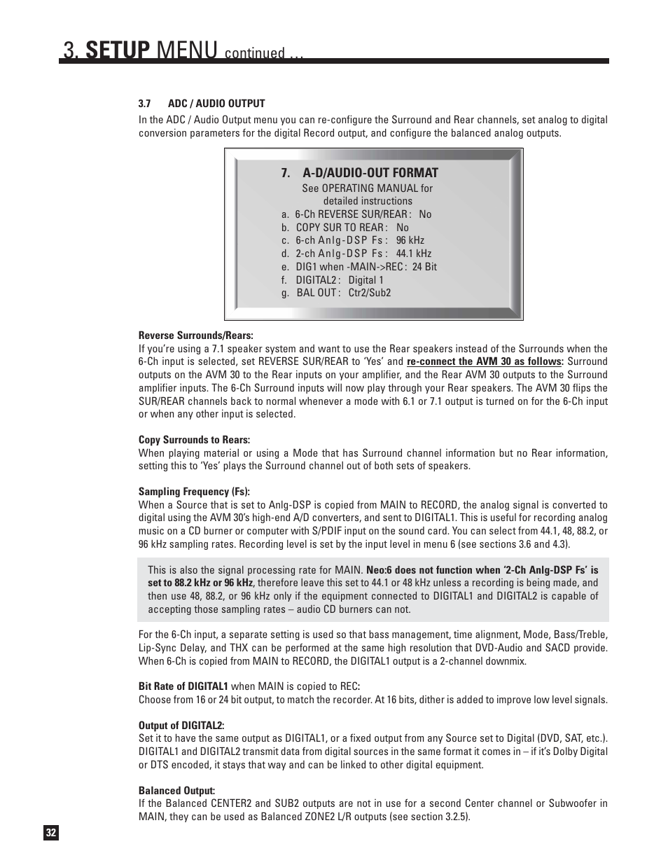 Adc and audio output, Setup menu, Continued | Anthem AVM 30 User Manual | Page 40 / 84