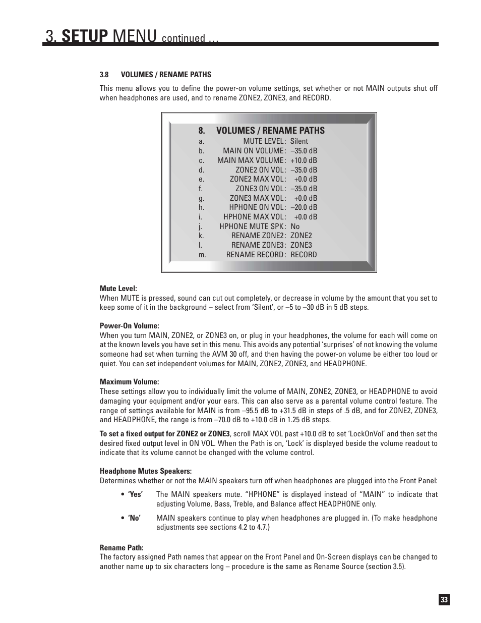 Volumes and rename paths, Setup menu, Continued | Anthem AVM 30 User Manual | Page 41 / 84
