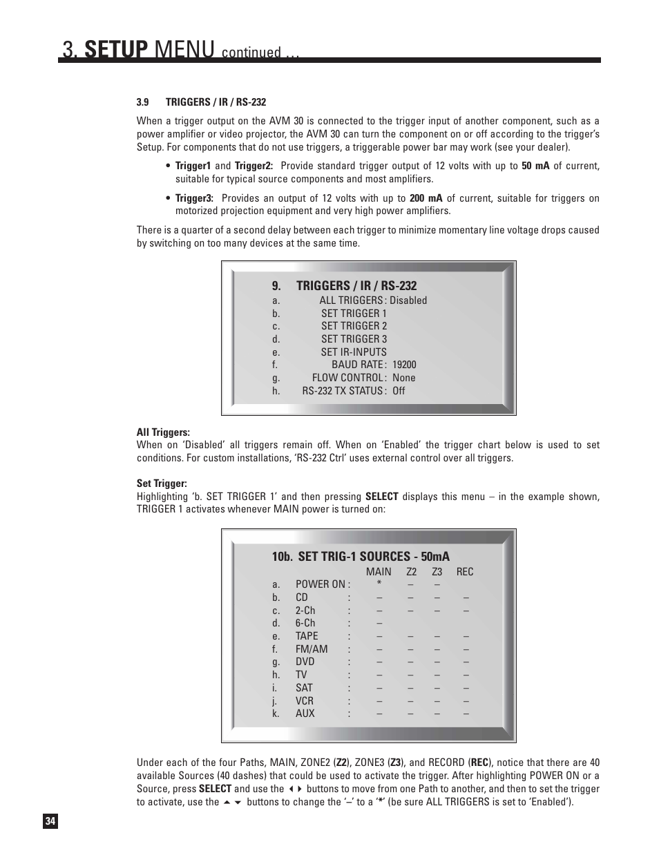 Triggers, ir, and rs-232, Setup menu, Continued | Anthem AVM 30 User Manual | Page 42 / 84