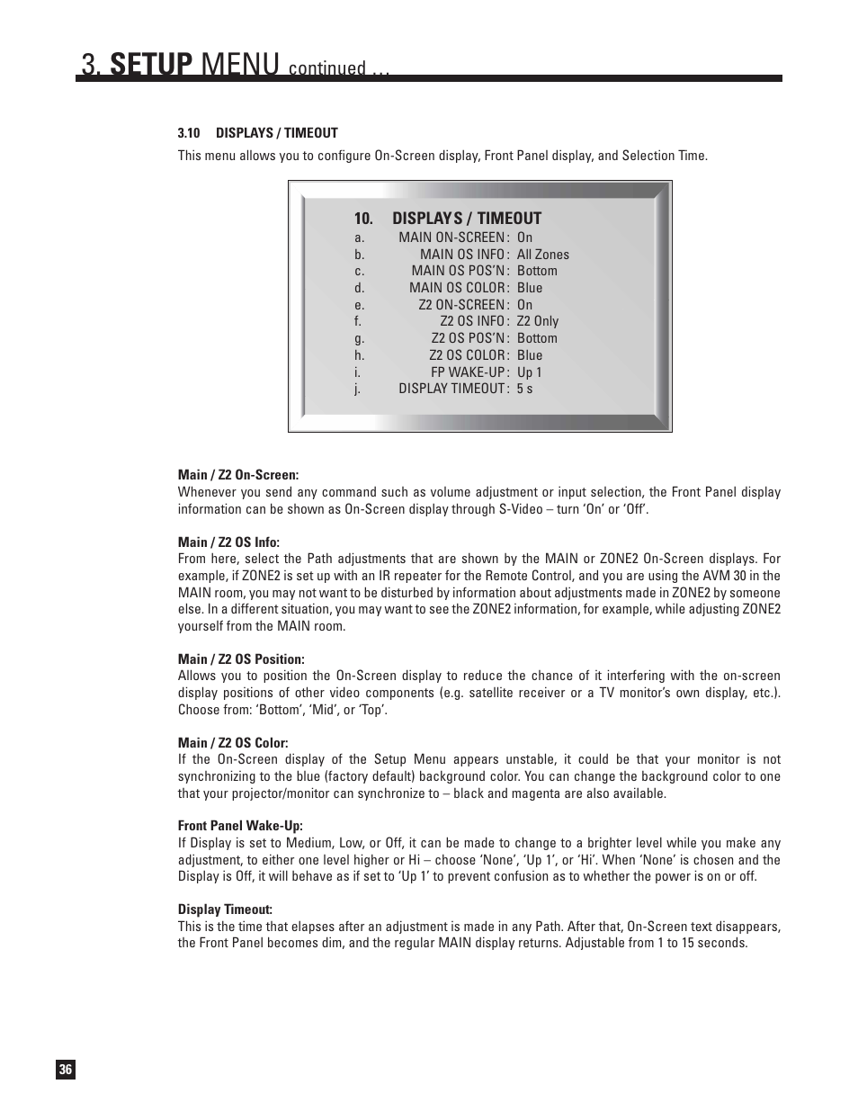 10 displays and timeout, Setup menu, Continued | Anthem AVM 30 User Manual | Page 44 / 84