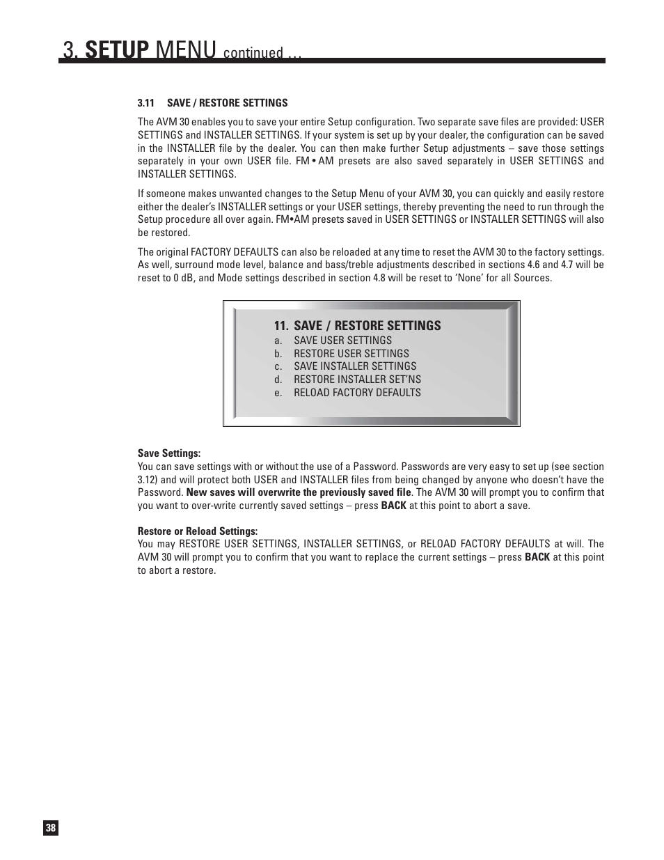 11 save and restore settings, Setup menu, Continued | Anthem AVM 30 User Manual | Page 46 / 84