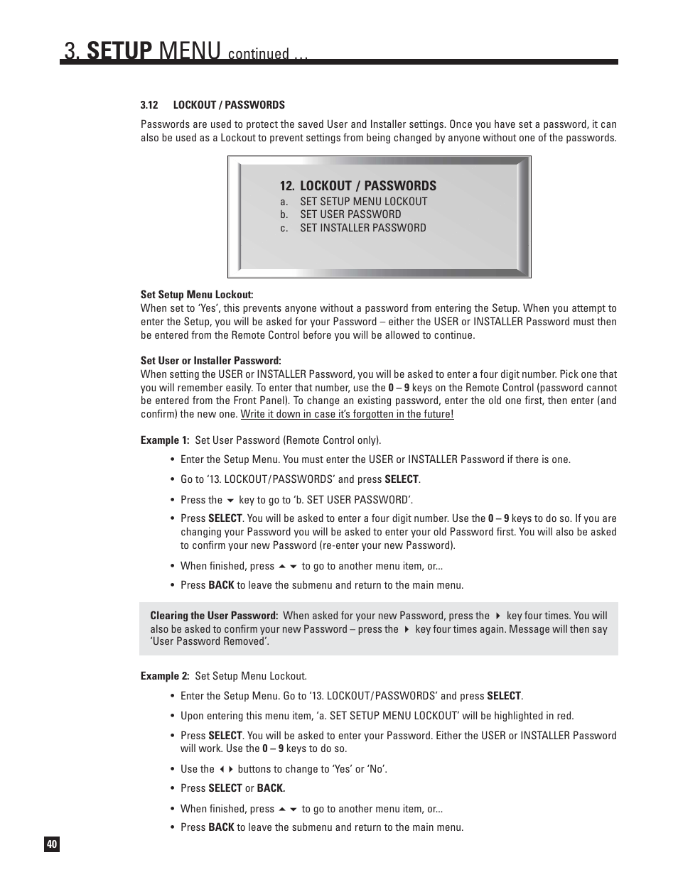 12 lockout and passwords, Setup menu, Continued | Anthem AVM 30 User Manual | Page 48 / 84