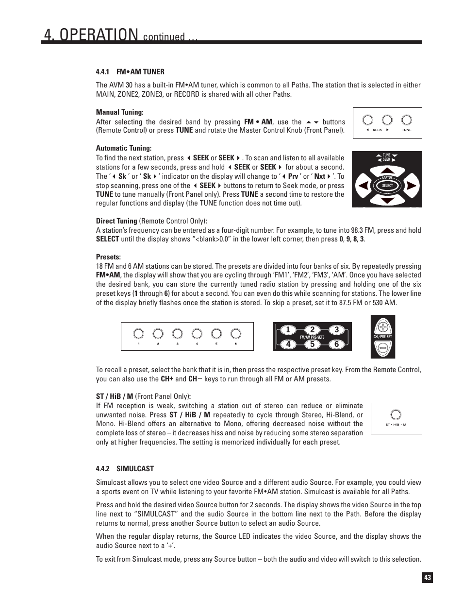 1 fm, Am tuner, 2 simulcast | Operation, Continued | Anthem AVM 30 User Manual | Page 51 / 84