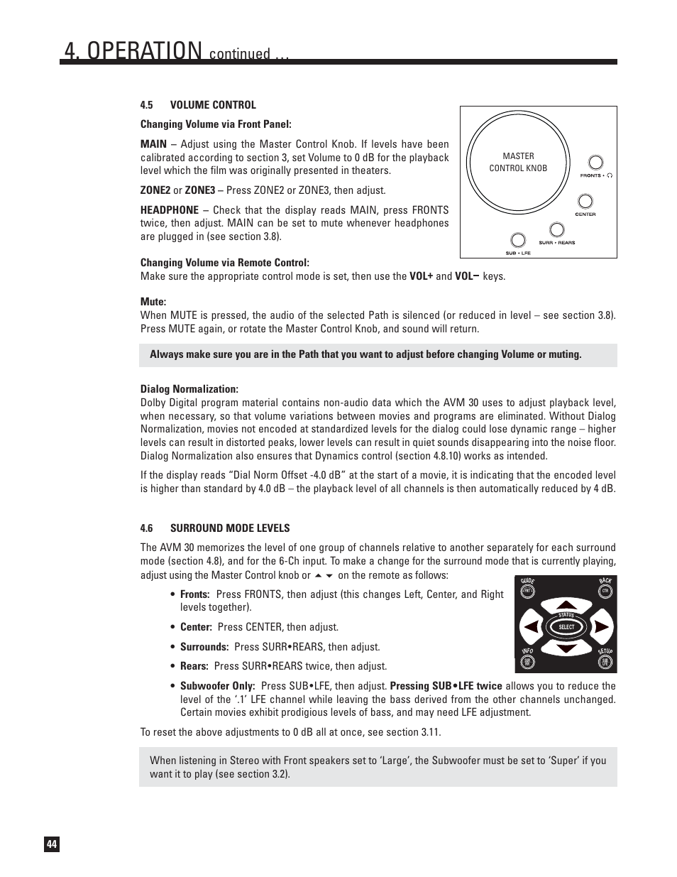 Volume control, Surround mode levels, Operation | Continued | Anthem AVM 30 User Manual | Page 52 / 84