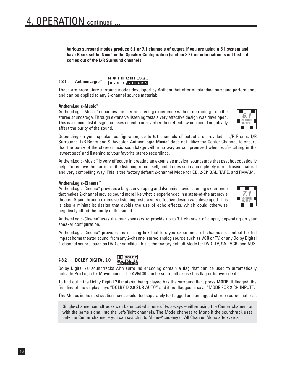 1 anthemlogic, Dolby digital 2.0, Operation | Continued | Anthem AVM 30 User Manual | Page 54 / 84