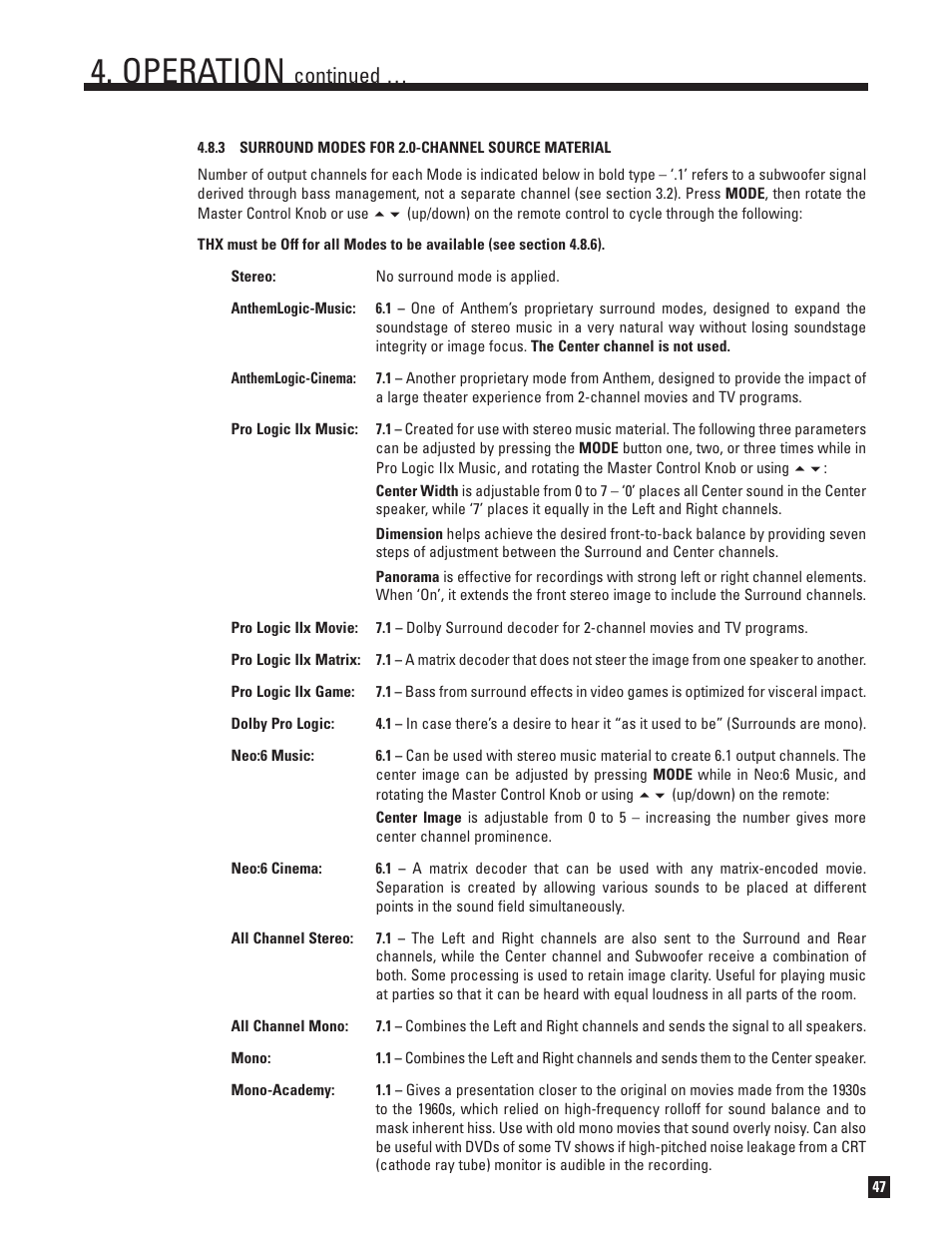 Surround modes for 2.0-channel source material, Operation, Continued | Anthem AVM 30 User Manual | Page 55 / 84