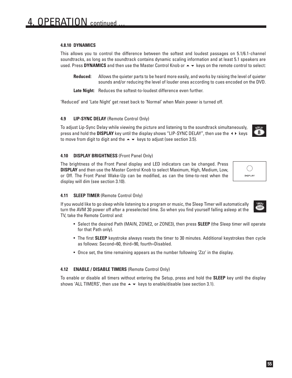 10 dynamics, Lip-sync delay, 10 display brightness | 11 sleep timer, 12 enable and disable timers, Operation, Continued | Anthem AVM 30 User Manual | Page 63 / 84