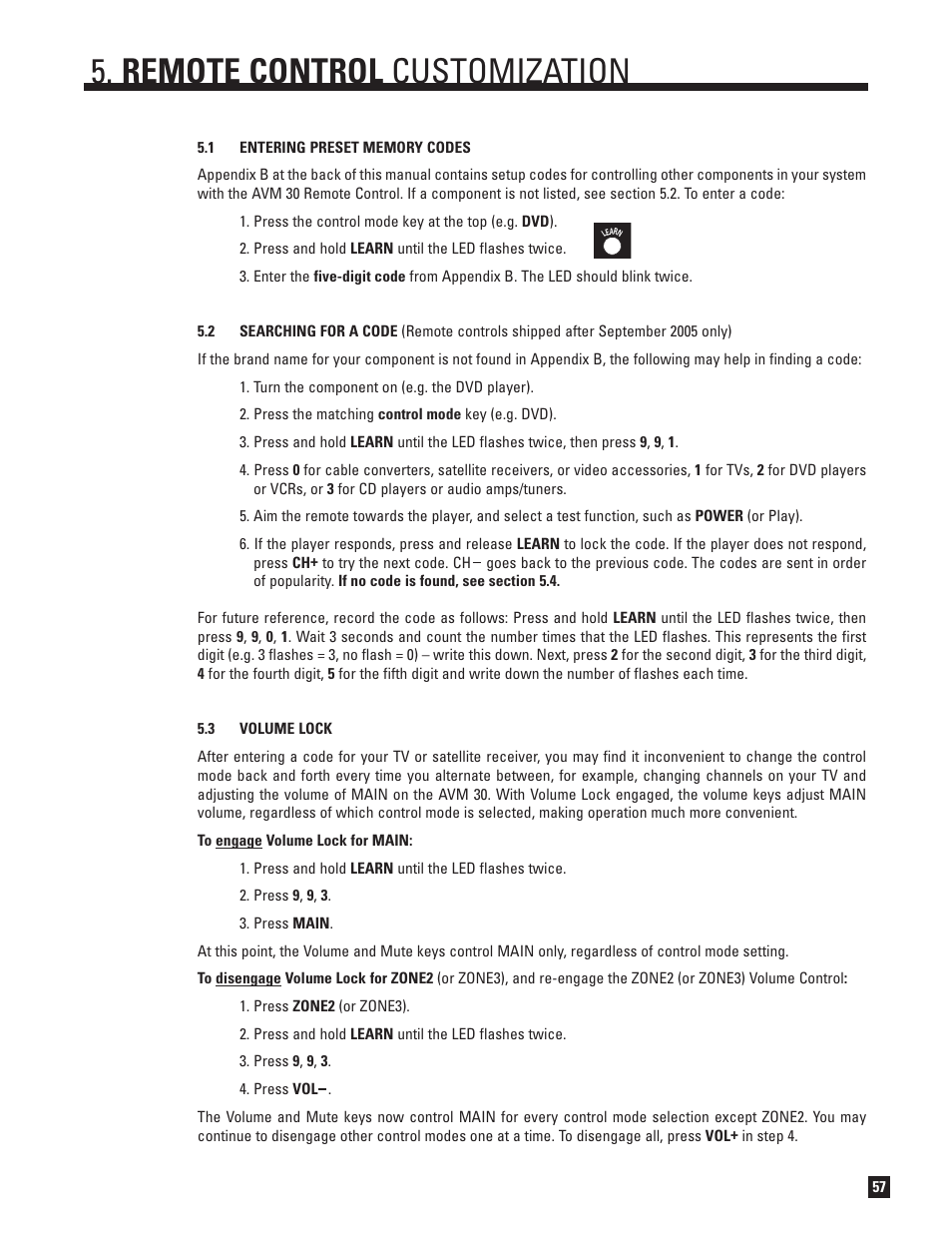 Entering preset memory codes, Searching for a code, Volume lock | Remote control customization | Anthem AVM 30 User Manual | Page 65 / 84